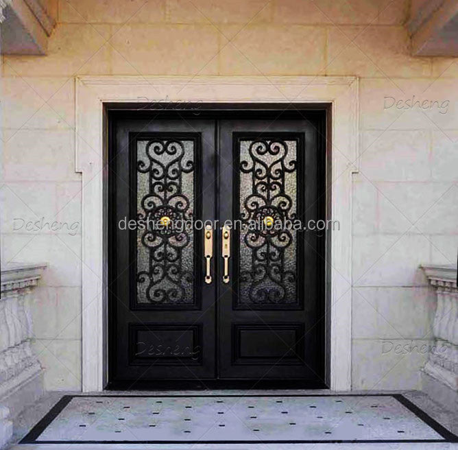 Desheng Gate House Door Wrought Iron Good Quality Safety Iron Front Entry Glass Doors for Villa