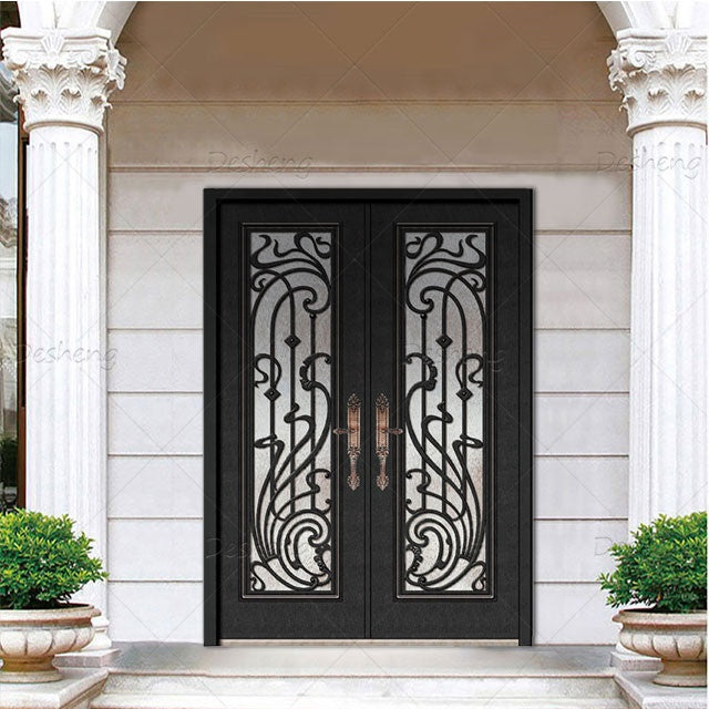 China Supplier Double External Door Custom Iron Front Entry Doors(old) Wrought Iron Double Exterior Door for House