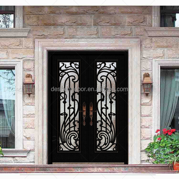 China Supplier Double External Door Custom Iron Front Entry Doors(old) Wrought Iron Double Exterior Door for House