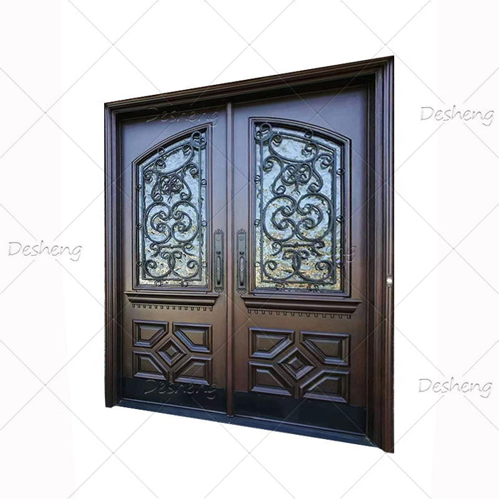 Exterior Solid Wood Mahogany Steel Flower Iron Gate Design Decorative Glass Glazing Wooden Double Main Door