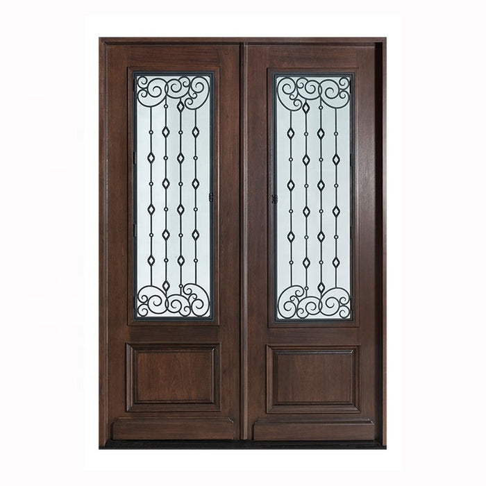 Exterior Solid Wood Mahogany Steel Flower Iron Gate Design Decorative Glass Glazing Wooden Double Main Door