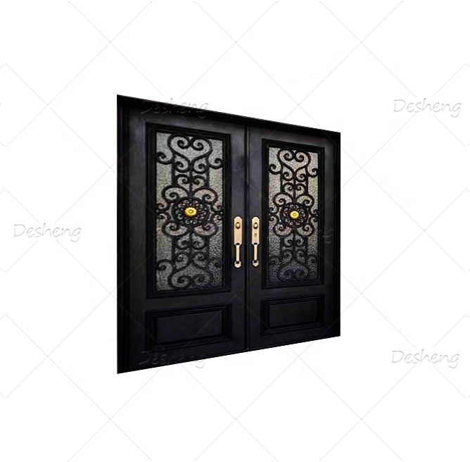 Modern Design Wrought Iron Entry Door Entrance High Quality Security Wrought Iron Door With Glass for House