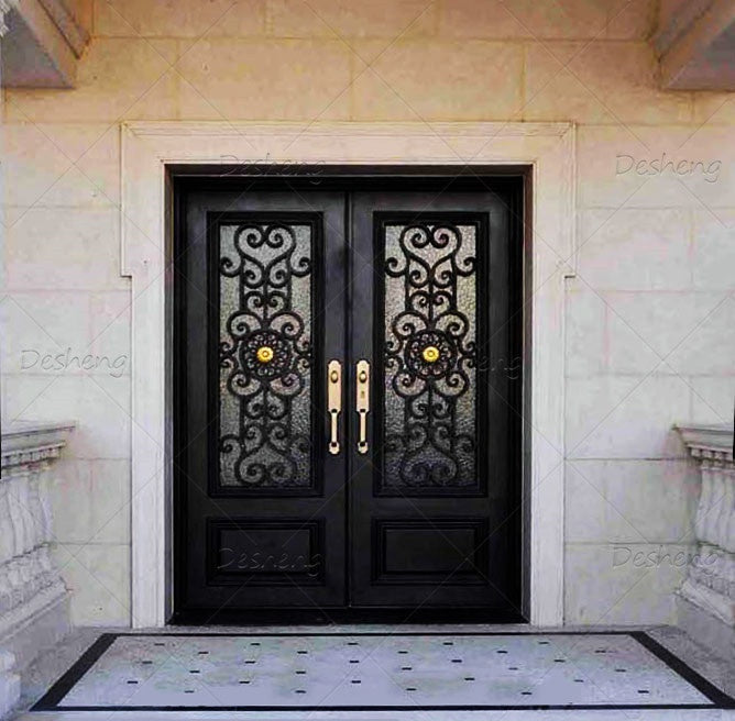 Modern Design Wrought Iron Entry Door Entrance High Quality Security Wrought Iron Door With Glass for House