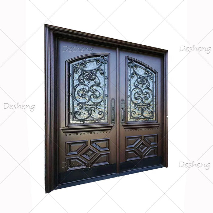 Exterior Solid Wood Mahogany Steel Flower Iron Gate Design Decorative Glass Glazing Wooden Double Main Door