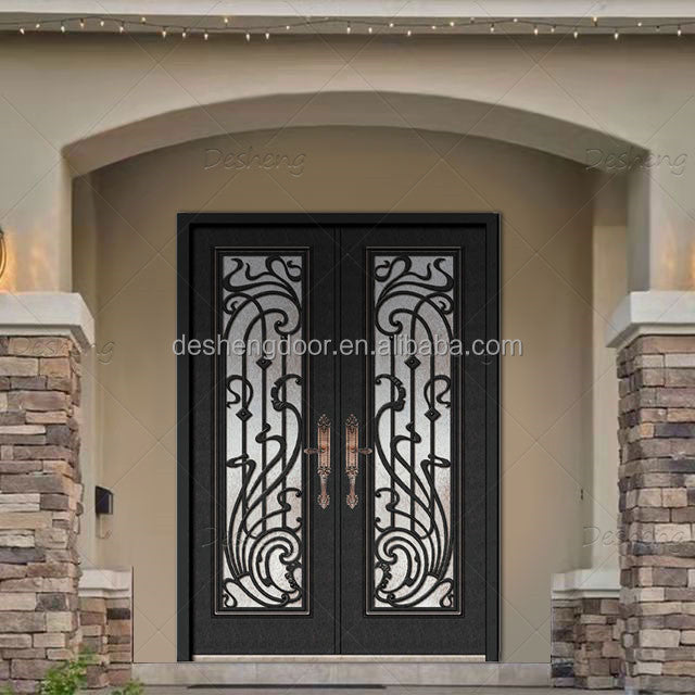 China Supplier Double External Door Custom Iron Front Entry Doors(old) Wrought Iron Double Exterior Door for House